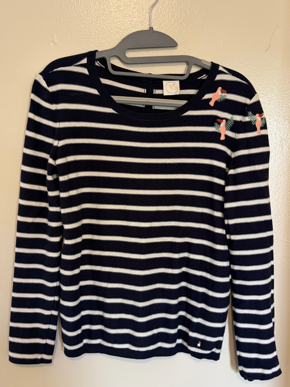 Des Petits Hauts Blondie Striped Pullover- Embroidered Birds